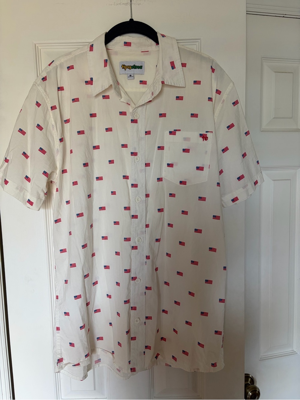 Tipsy Elves White Short-Sleeve Button-Up Shirt with Red and Blue Flag Print